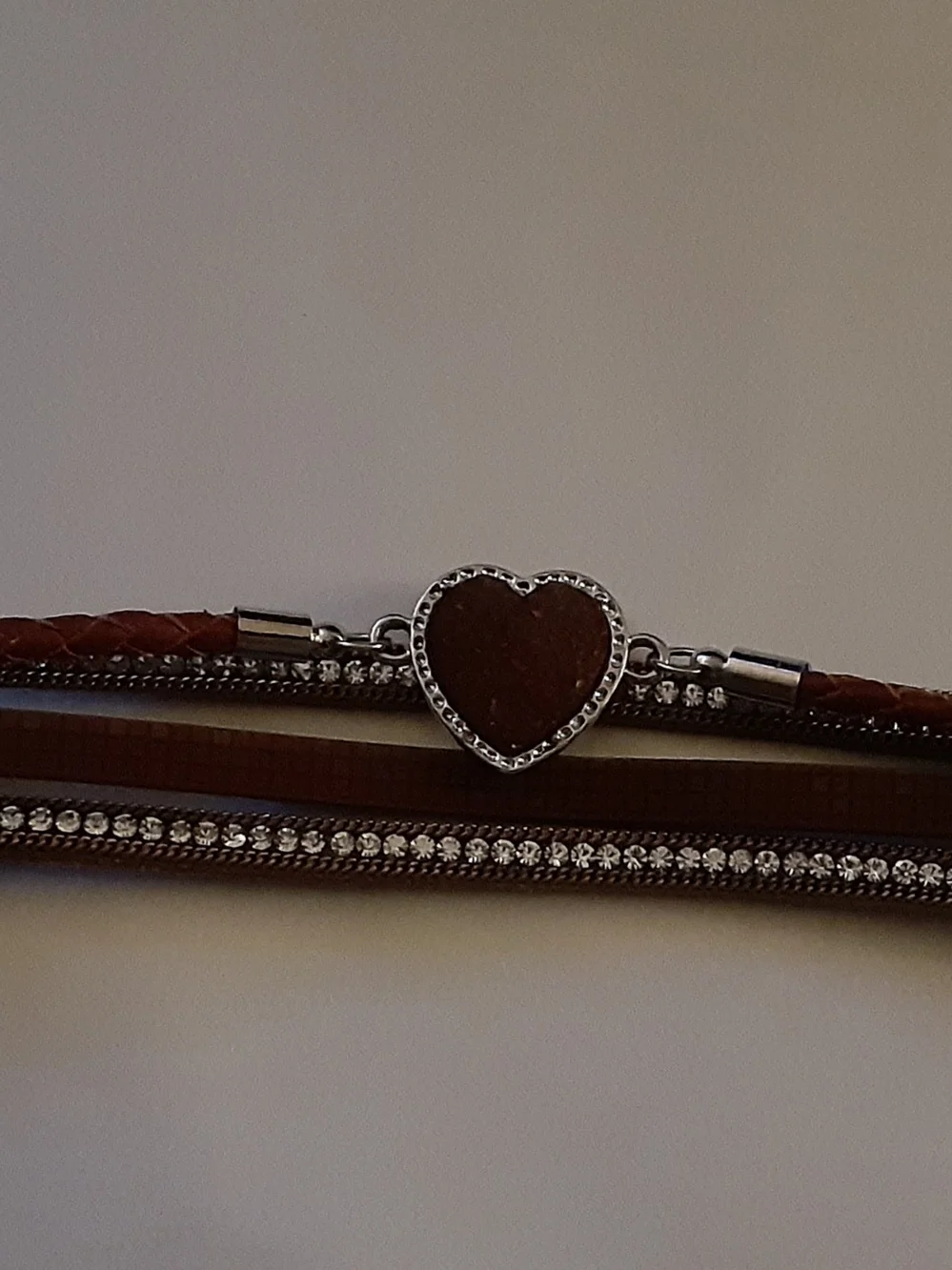 Silver Heart Brown Leather Wrap Bracelet